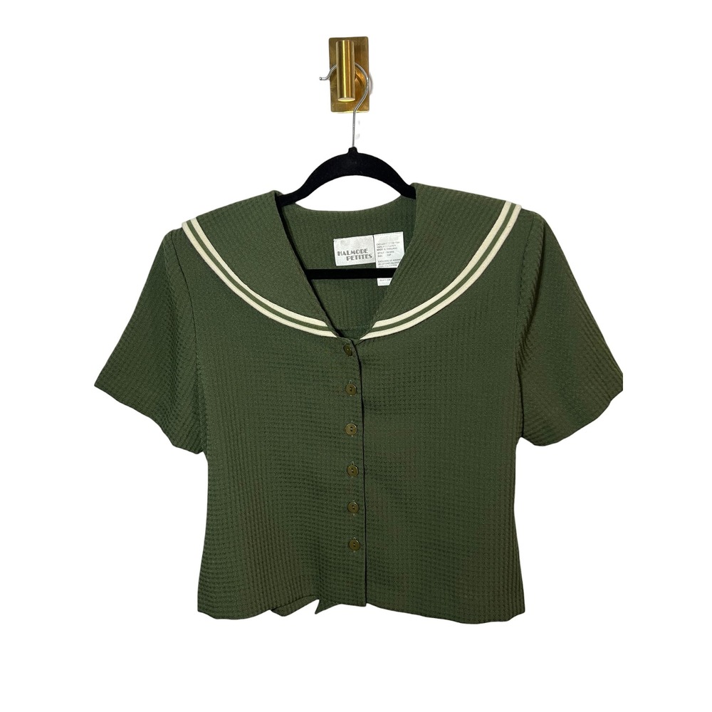 Vintage 90s Halmode Petites Olive Green Sailor Collar Top Waffle Knit Blouse 14P